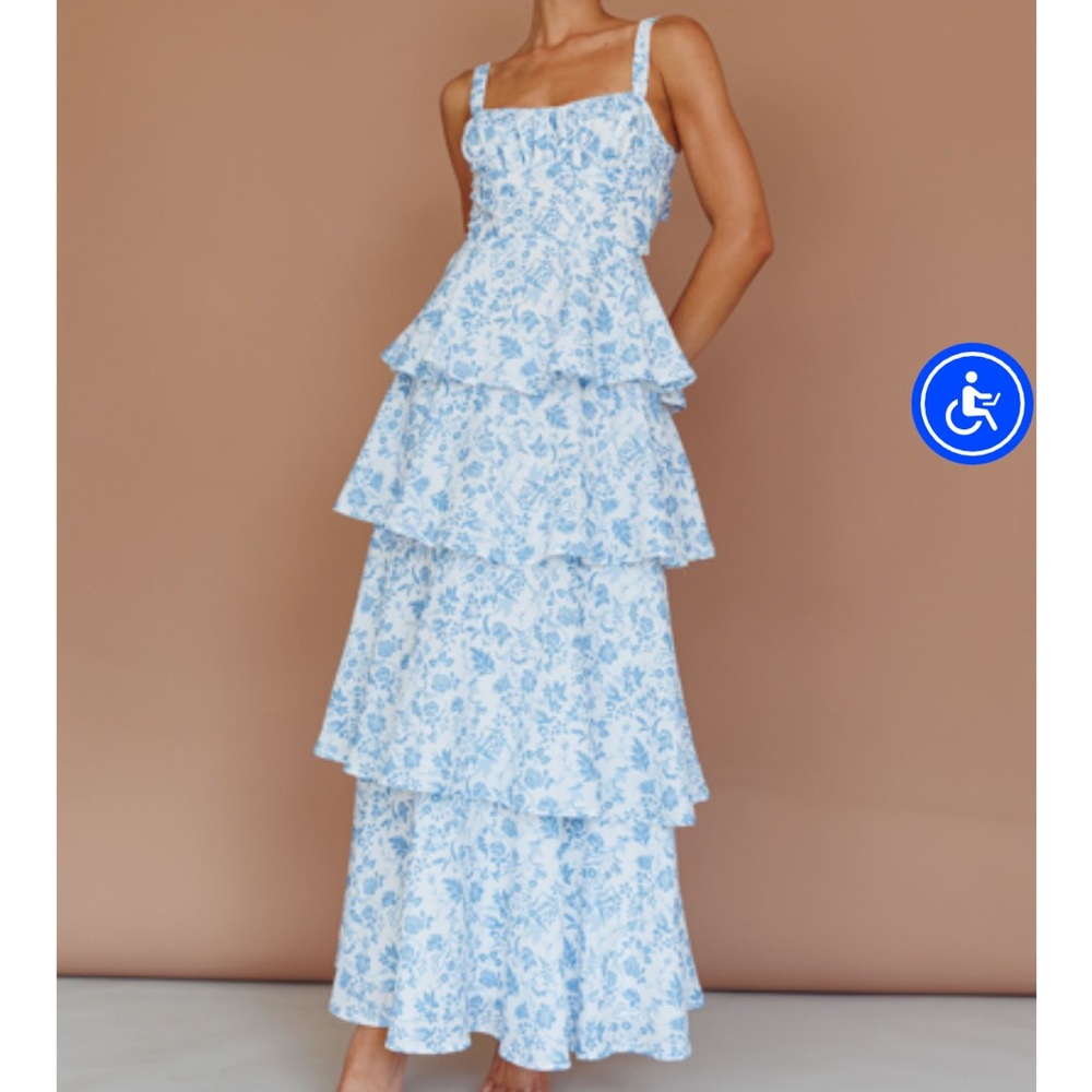 One & Only - Floral Blue and White Tiered Maxi Dress - S